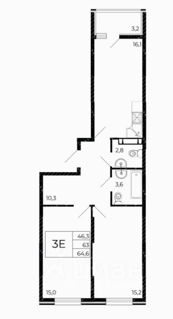 3-комн.кв., 64,3 м², 4/15 этаж