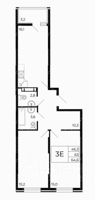 3-комн.кв., 64,3 м², 3/15 этаж