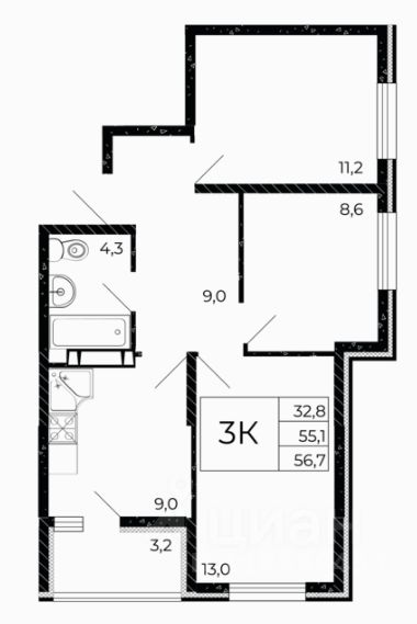 3-комн.кв., 56,4 м², 5/15 этаж