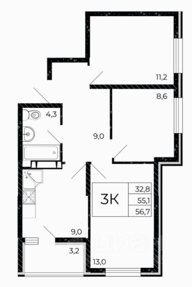 3-комн.кв., 56,4 м², 8/15 этаж
