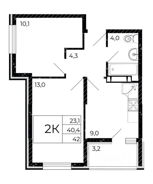 2-комн.кв., 42 м², 5/15 этаж