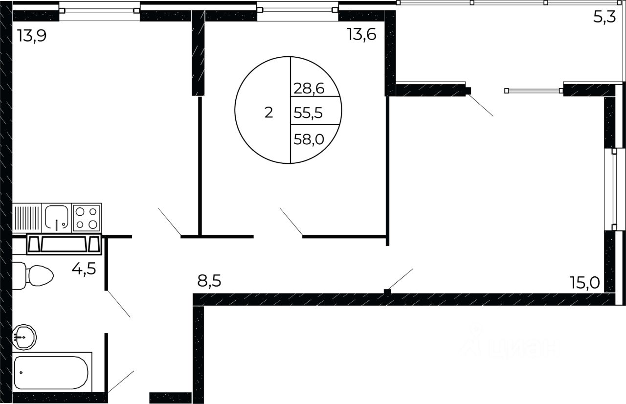 2-комн.кв., 57,2 м², 10/17 этаж