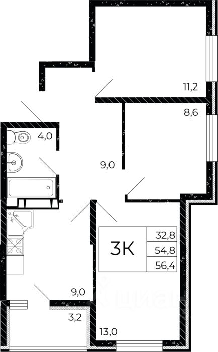 3-комн.кв., 56,4 м², 13/15 этаж