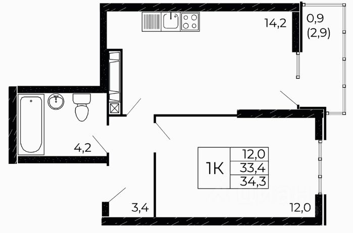 1-комн.кв., 34,3 м², 9/18 этаж