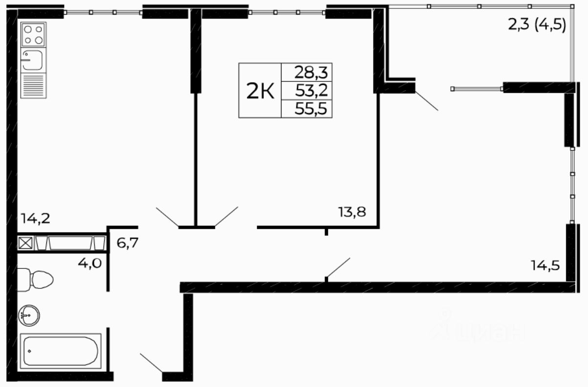 2-комн.кв., 55,5 м², 6/18 этаж