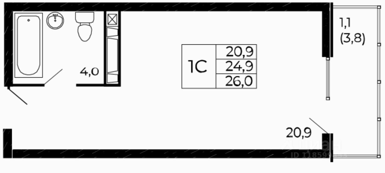 Студия, 26 м², 8/18 этаж