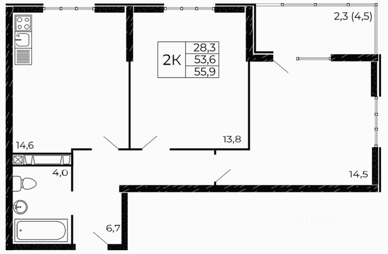 2-комн.кв., 55,9 м², 2/18 этаж