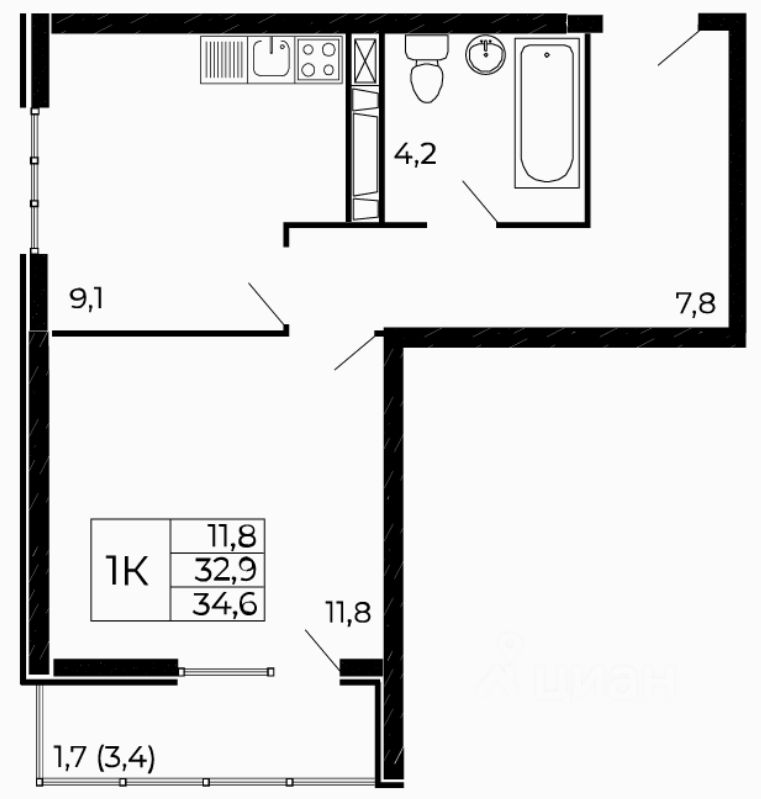 1-комн.кв., 34,6 м², 8/18 этаж