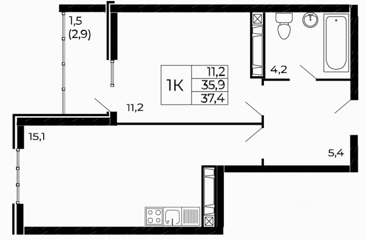 1-комн.кв., 37,4 м², 13/18 этаж