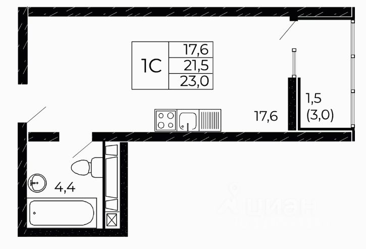 Студия, 23 м², 9/19 этаж