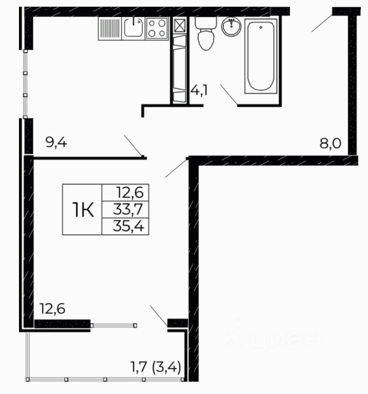 1-комн.кв., 35,4 м², 17/19 этаж