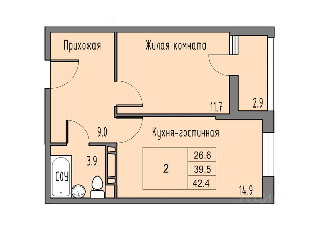 2-комн.кв., 40,9 м², 15/16 этаж