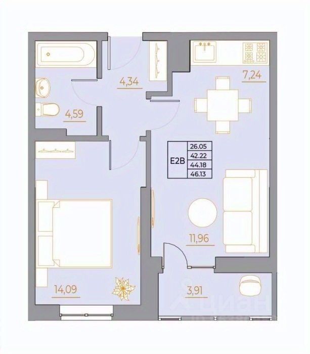 2-комн.кв., 46,1 м², 15/22 этаж