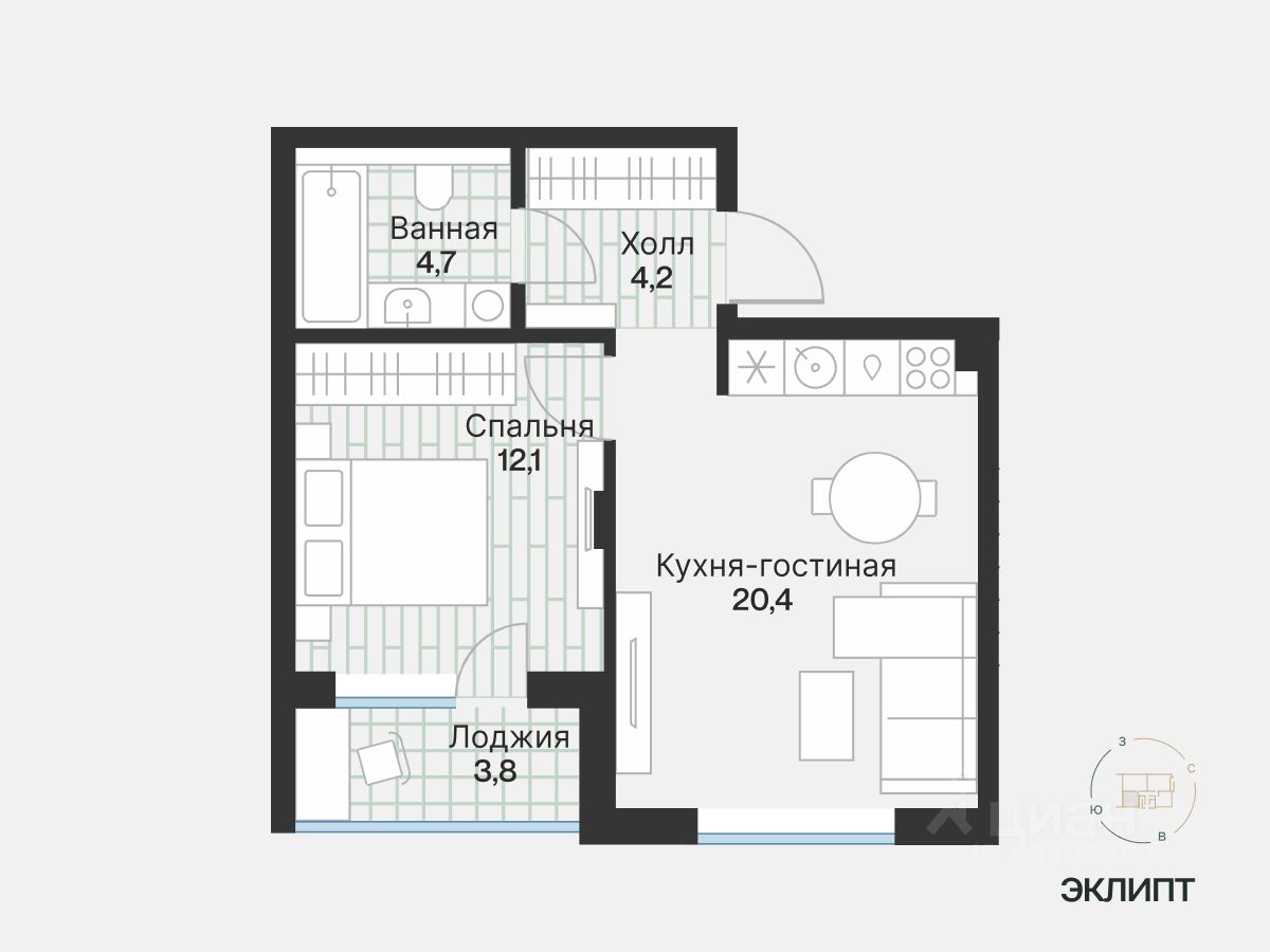 1-комн.кв., 43,2 м², 3/4 этаж