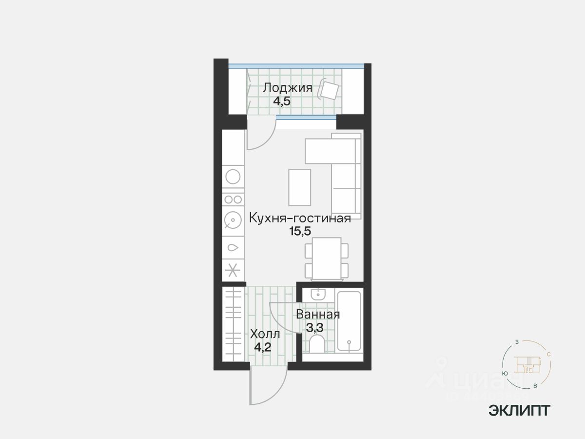 Студия, 25,2 м², 4/4 этаж