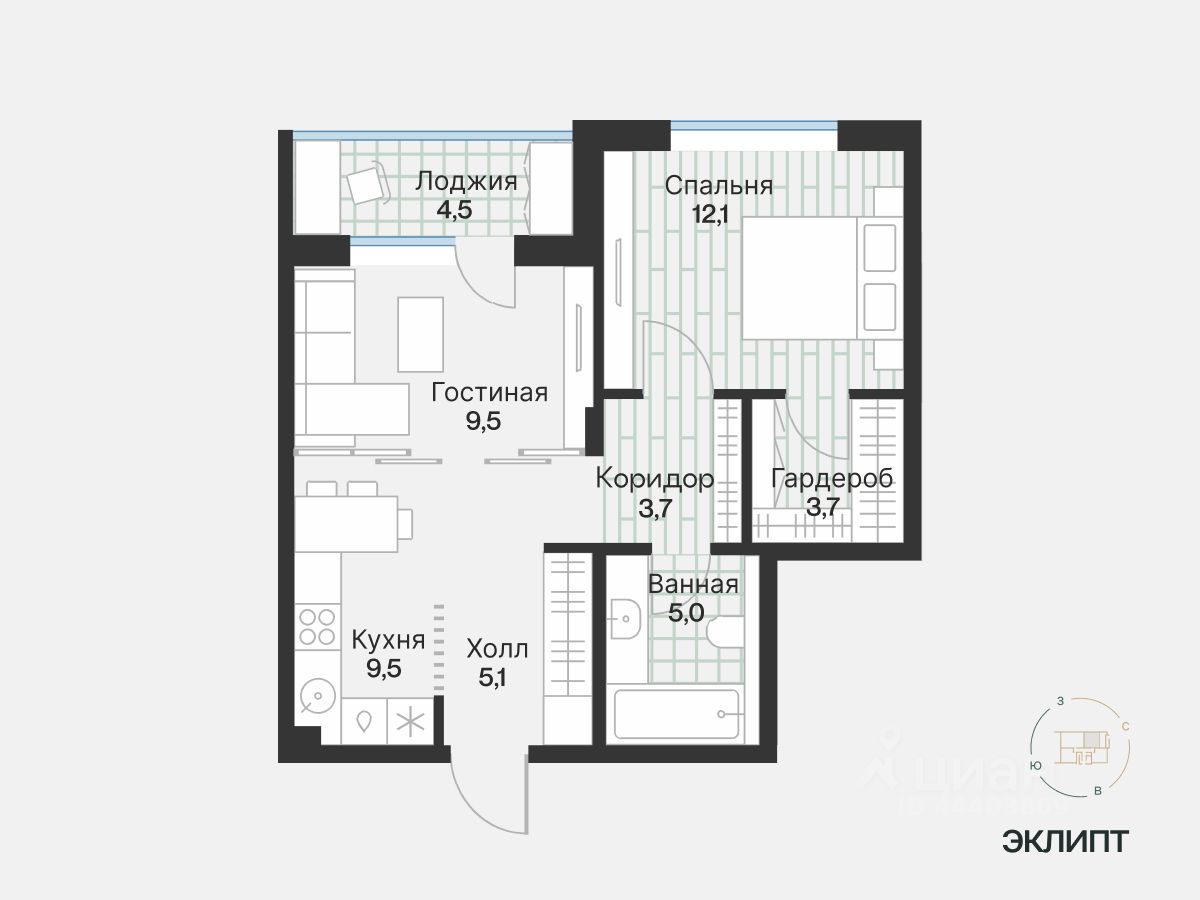 1-комн.кв., 50,5 м², 4/4 этаж