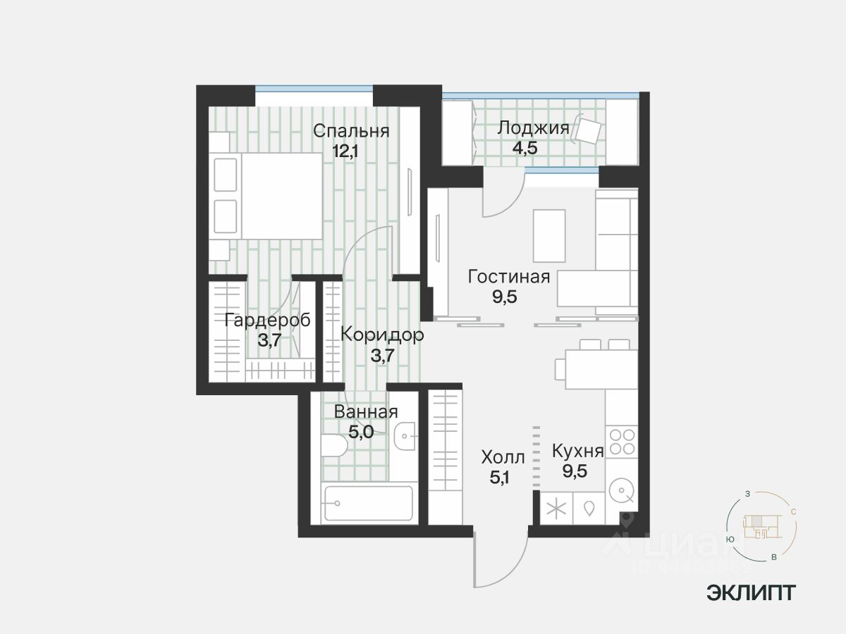 1-комн.кв., 50,5 м², 4/4 этаж
