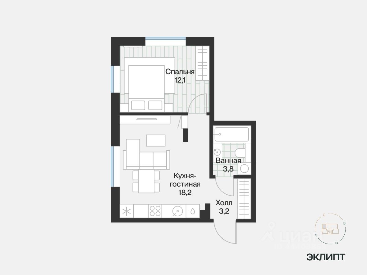 1-комн.кв., 37,3 м², 3/4 этаж