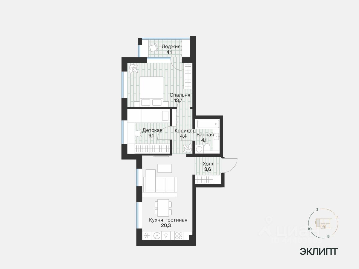 2-комн.кв., 57,2 м², 4/4 этаж
