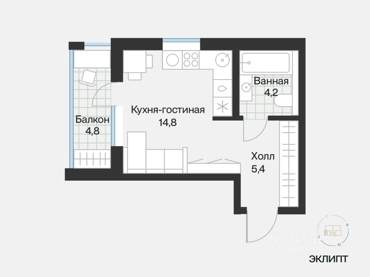 Студия, 26,8 м², 2/4 этаж