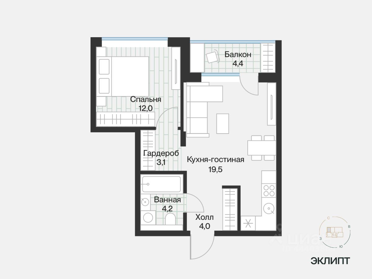 1-комн.кв., 45 м², 2/4 этаж