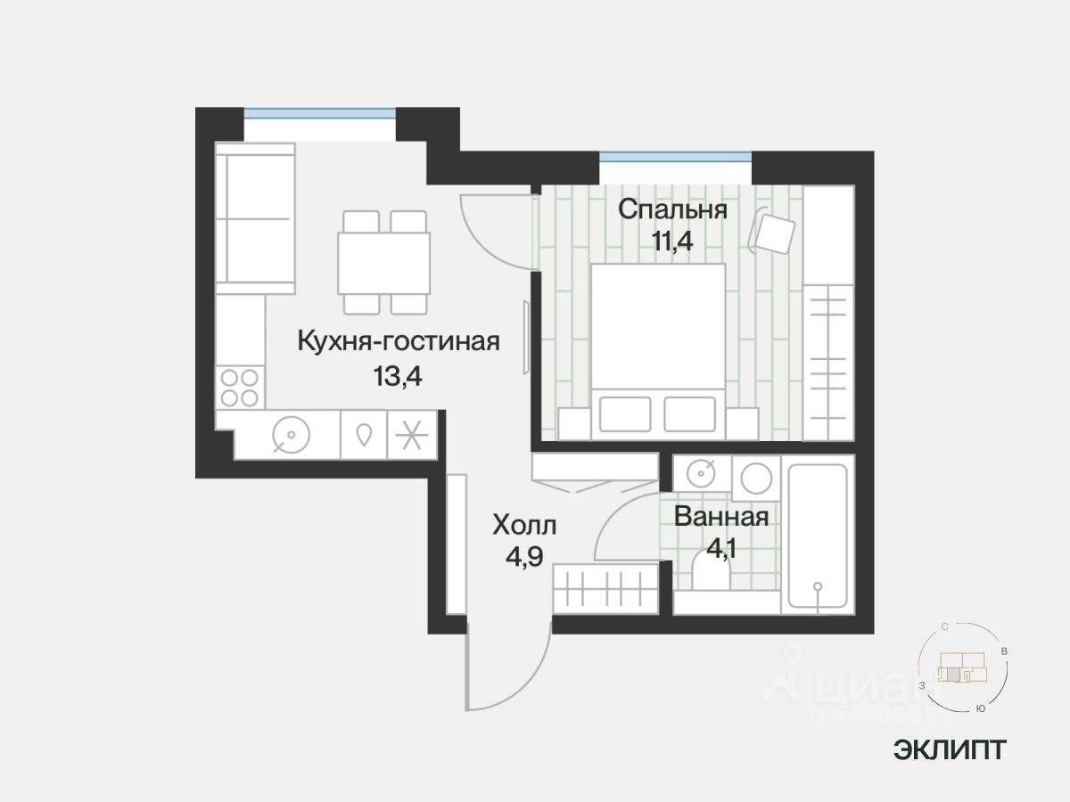 1-комн.кв., 33,8 м², 2/4 этаж