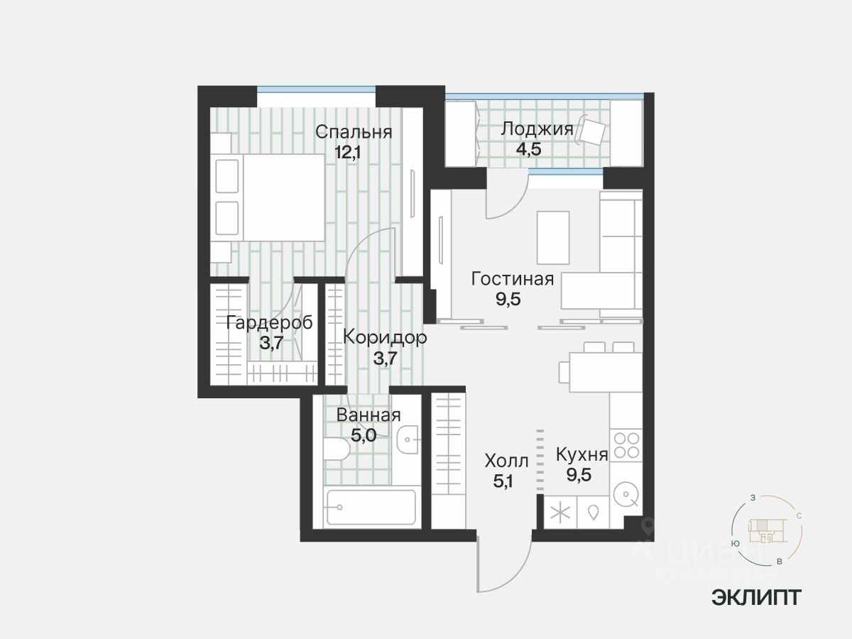 1-комн.кв., 50,5 м², 2/4 этаж