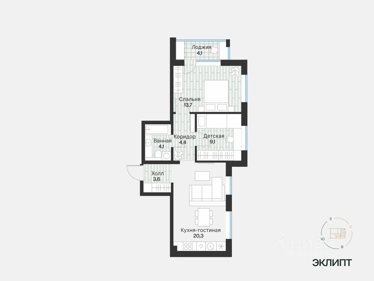 2-комн.кв., 57,2 м², 3/4 этаж