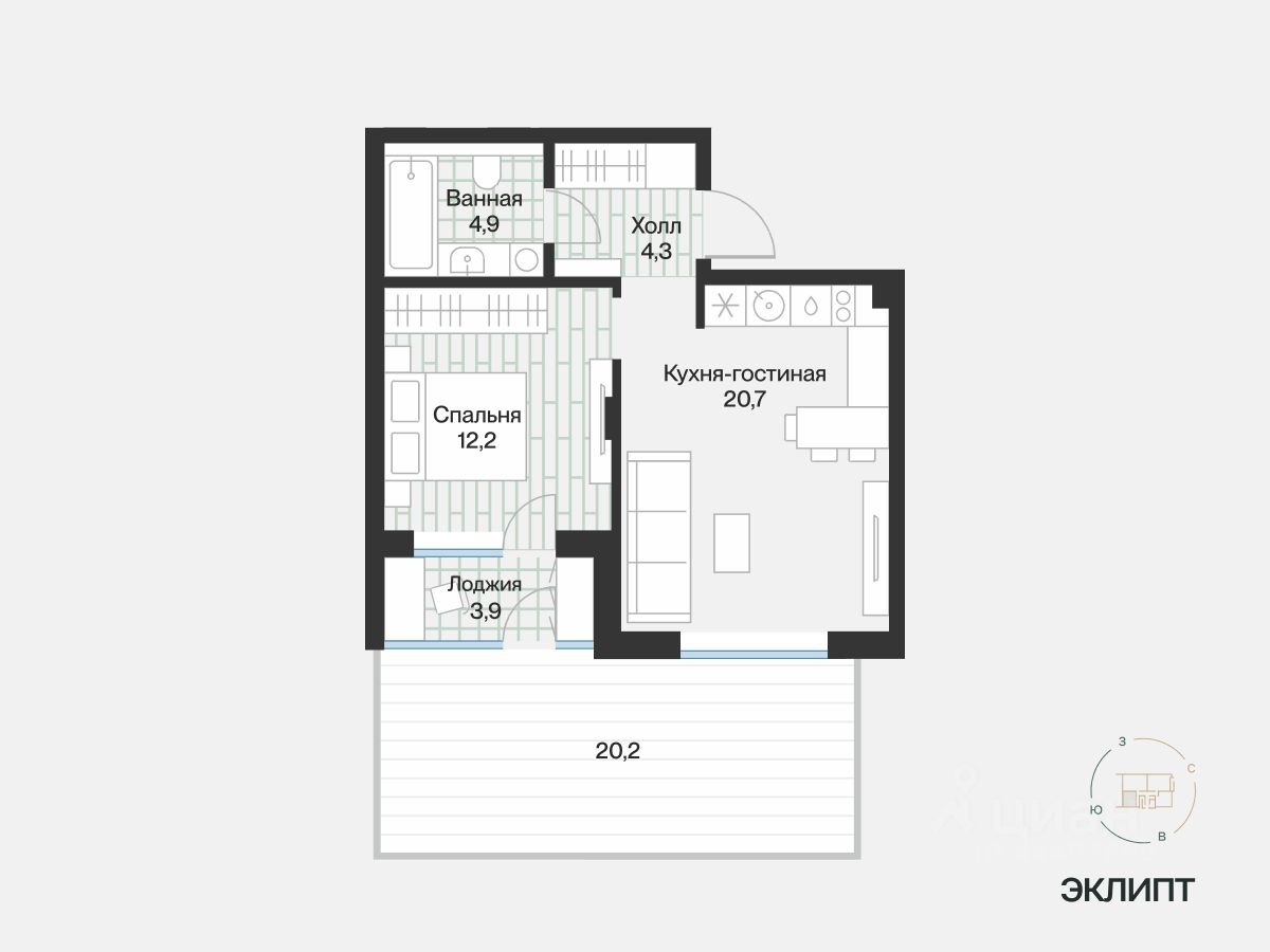 1-комн.кв., 43,2 м², 1/4 этаж