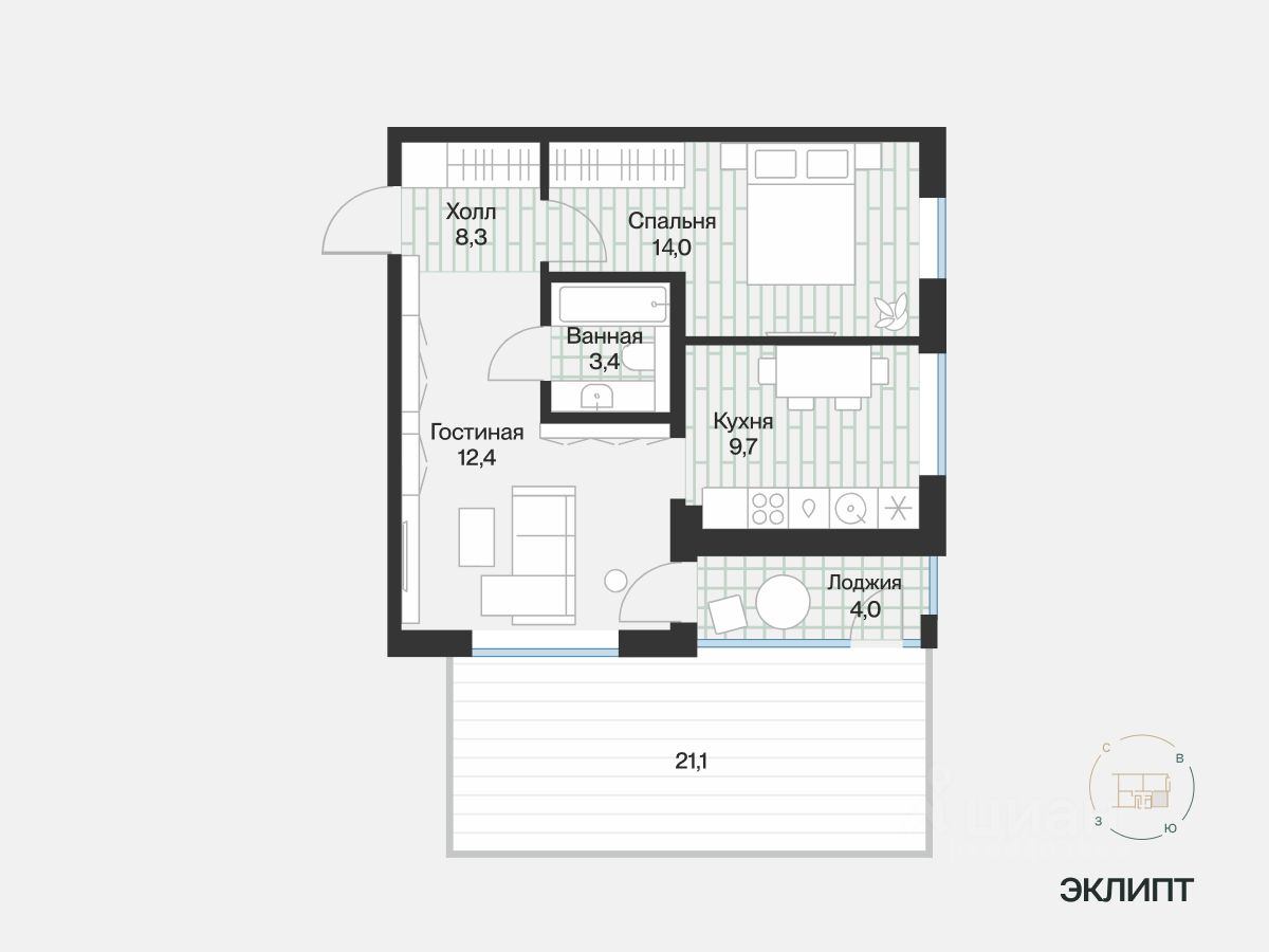 1-комн.кв., 49,7 м², 1/4 этаж