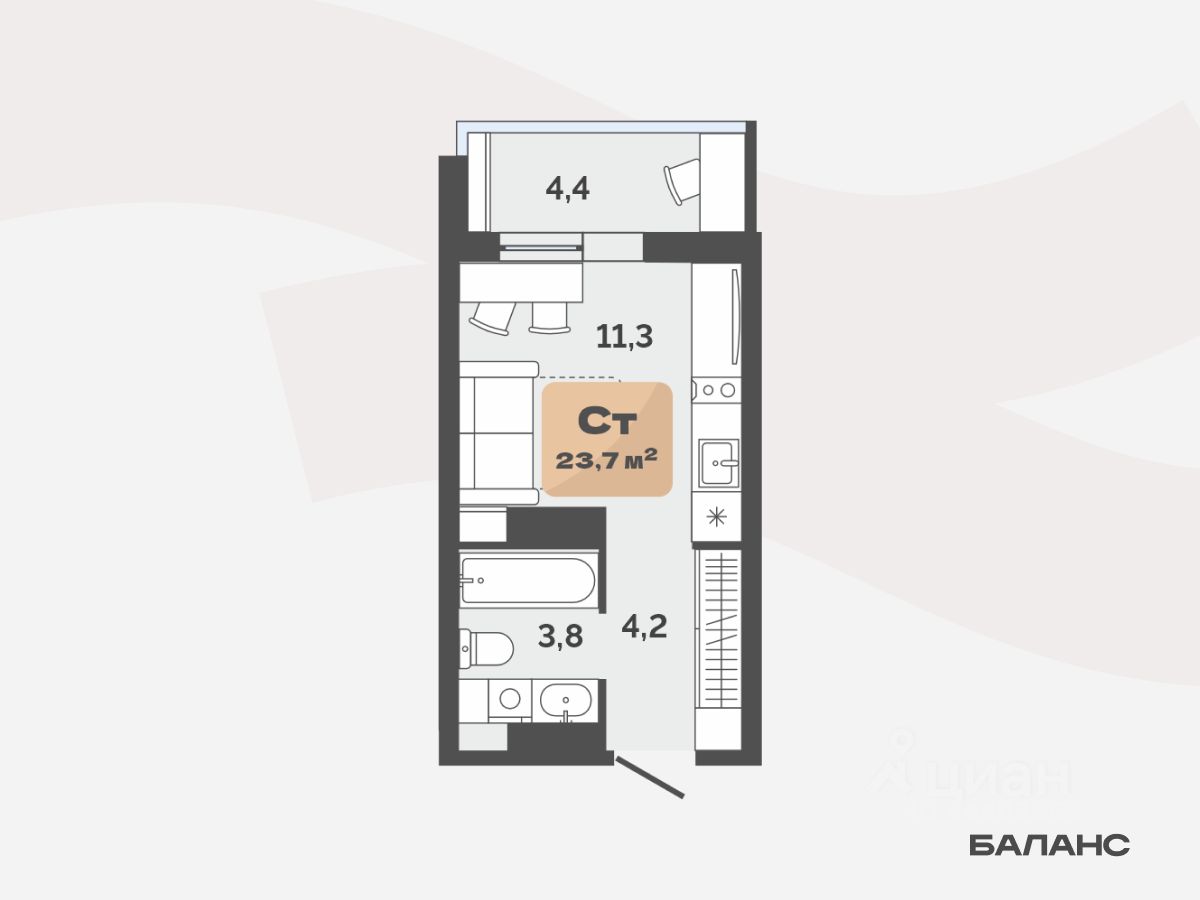 Студия, 21,5 м², 16/17 этаж