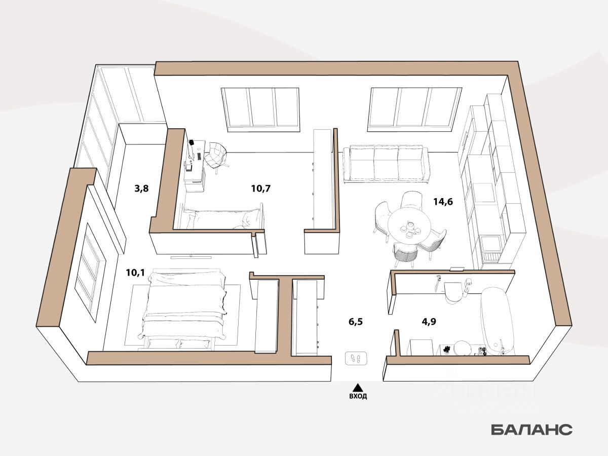 2-комн.кв., 46,8 м², 18/23 этаж