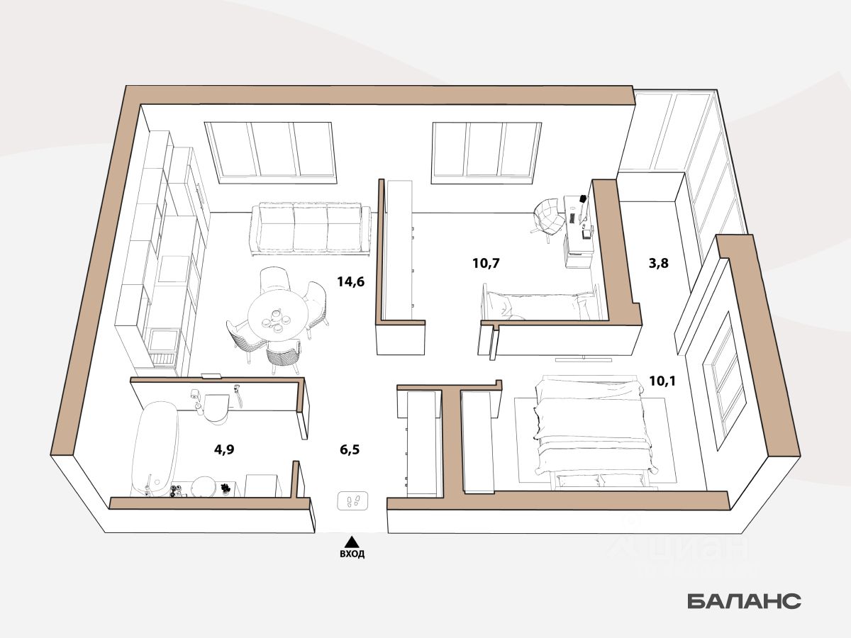 2-комн.кв., 46,8 м², 15/23 этаж