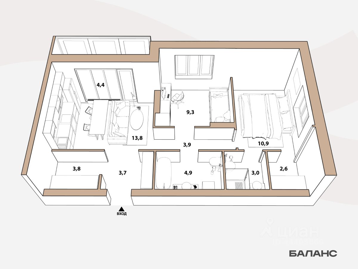 2-комн.кв., 55,9 м², 20/23 этаж