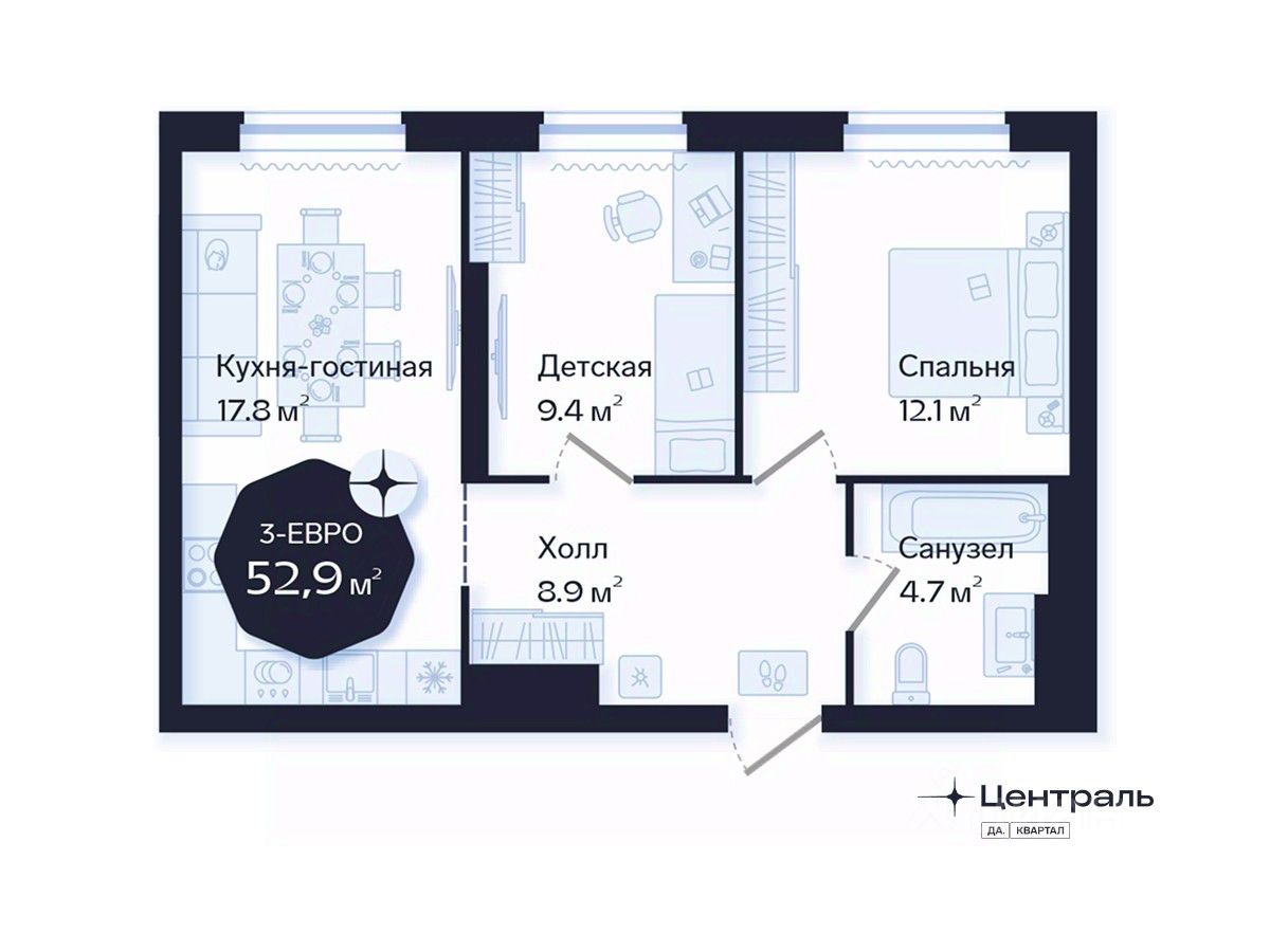 2-комн.кв., 52,9 м², 10/16 этаж