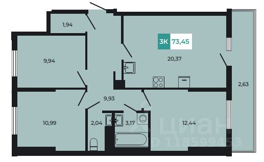 3-комн.кв., 71,8 м², 5/8 этаж