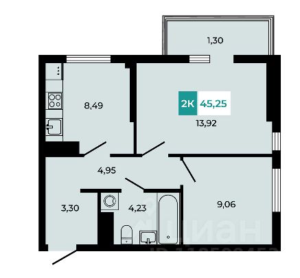 2-комн.кв., 45,2 м², 8/8 этаж