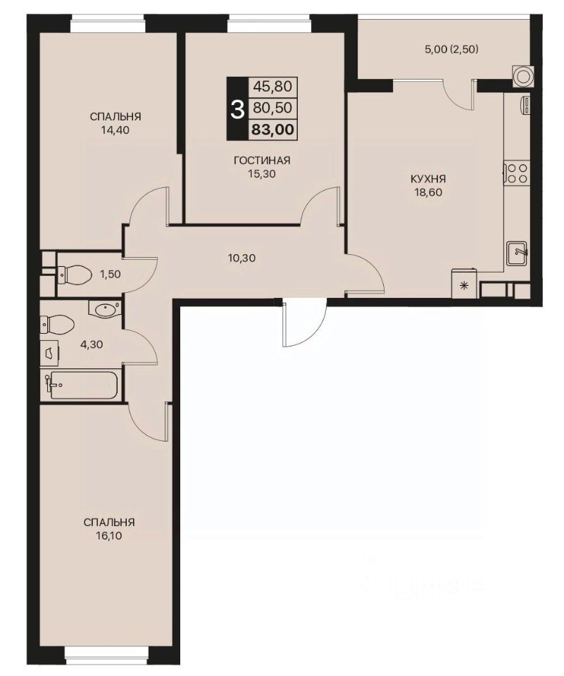 3-комн.кв., 83 м², 6/12 этаж