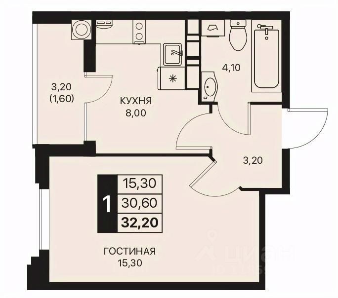 1-комн.кв., 32,2 м², 12/12 этаж