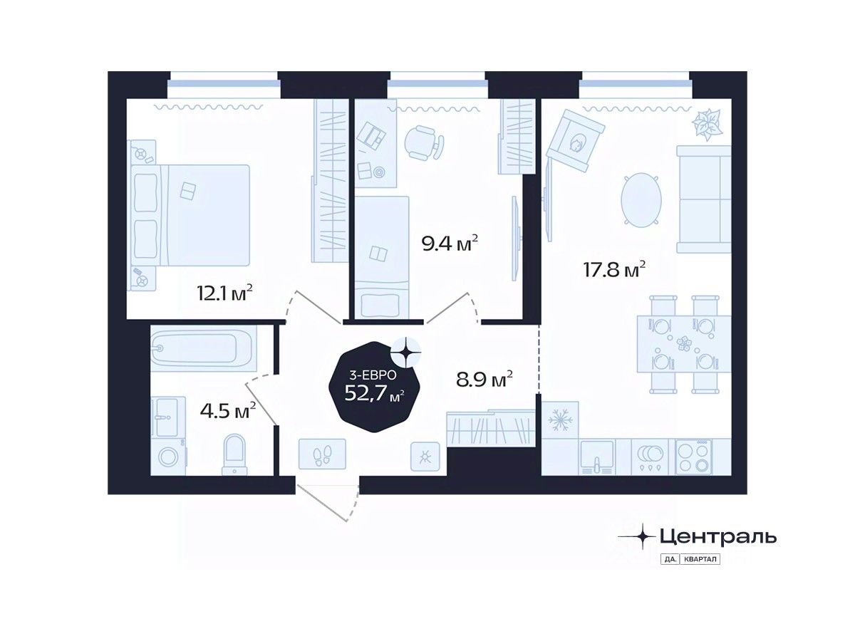 2-комн.кв., 52,7 м², 10/16 этаж