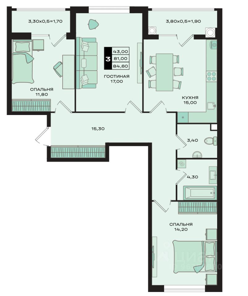 3-комн.кв., 84,1 м², 8/15 этаж