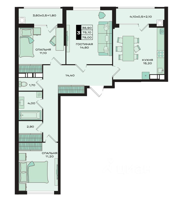 3-комн.кв., 79 м², 3/15 этаж