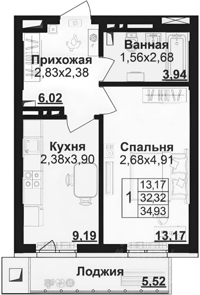Планировка этой квартиры по данным Циан