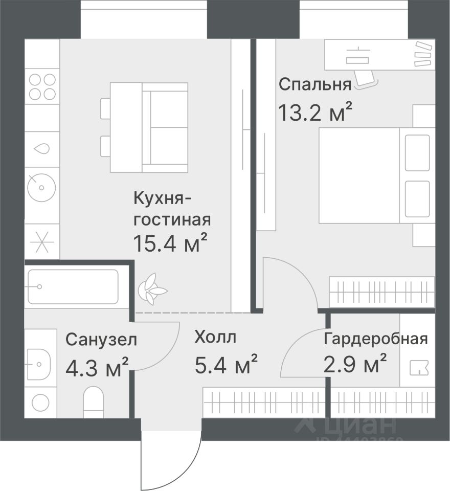 1-комн.кв., 41,2 м², 7/14 этаж
