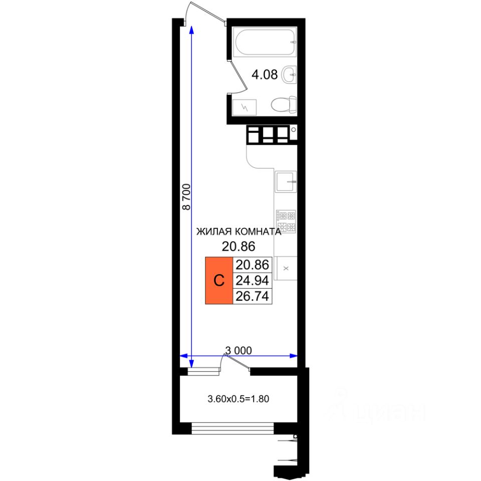 Студия, 26,7 м², 6/8 этаж