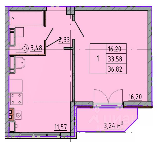 1-комн.кв., 36,8 м², 3/5 этаж