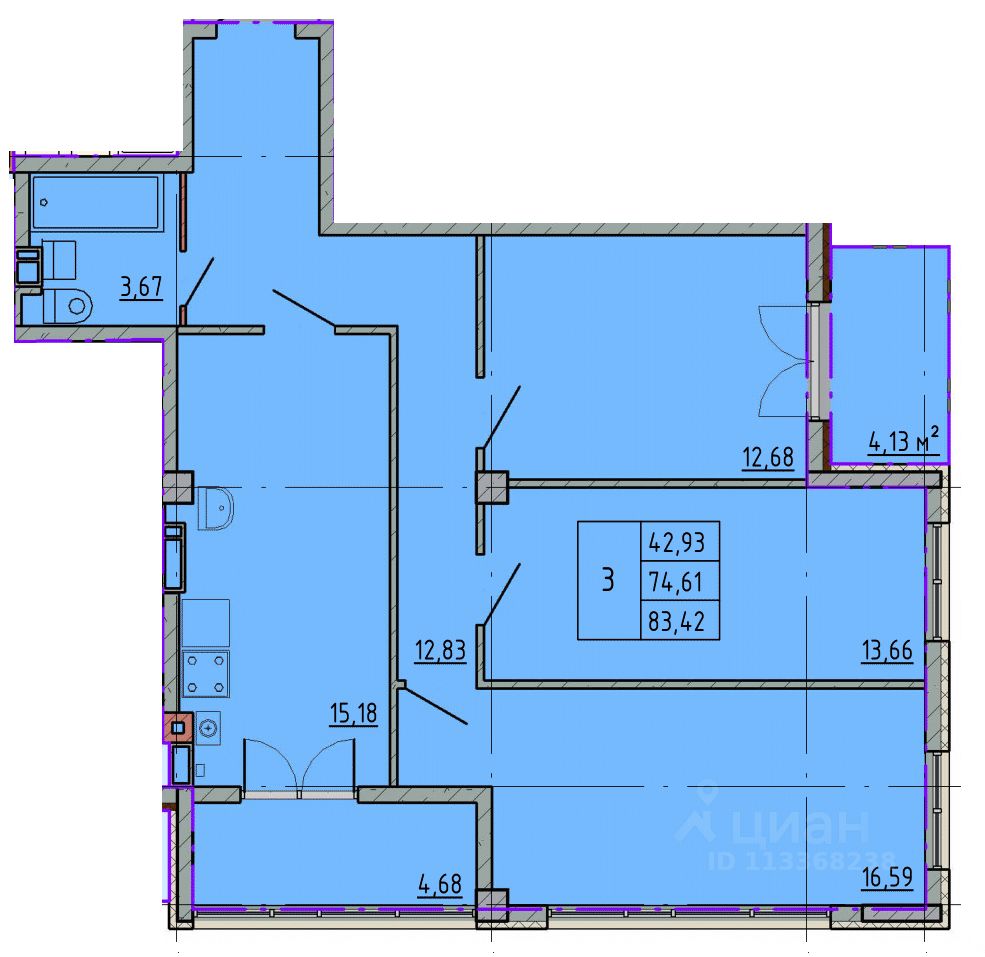 3-комн.кв., 83,4 м², 3/5 этаж