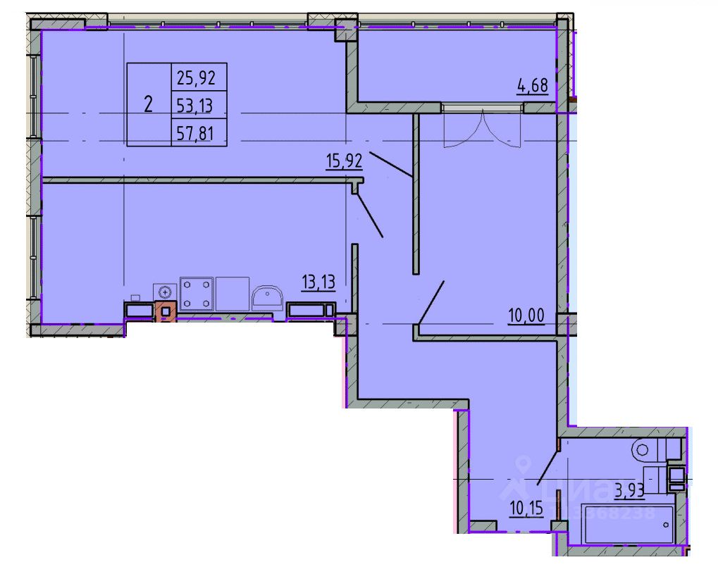 2-комн.кв., 57,8 м², 2/5 этаж