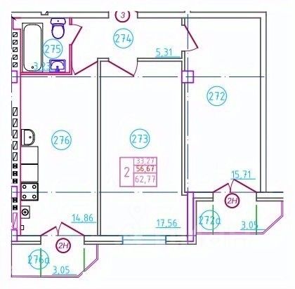 2-комн.кв., 62,8 м², 1/5 этаж