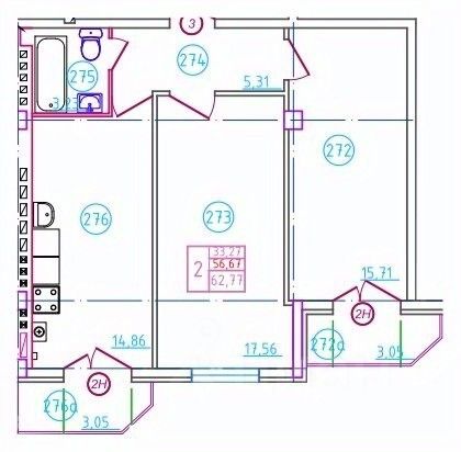 2-комн.кв., 62,8 м², 4/5 этаж